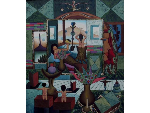 Yuji Arimizu óleo sobre tela 80 x 70 cm "Vilarejo"  ass. centro e verso