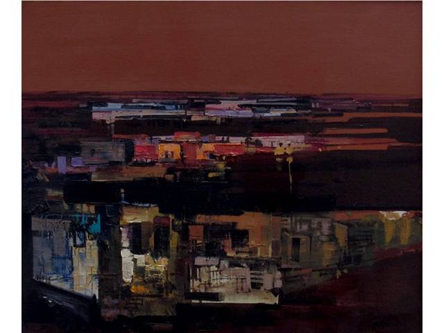 Miura Yoshiyuki óleo sobre tela 61 x 73 cm "O Crepúsculo da Cidade " ass. CID e verso 1978