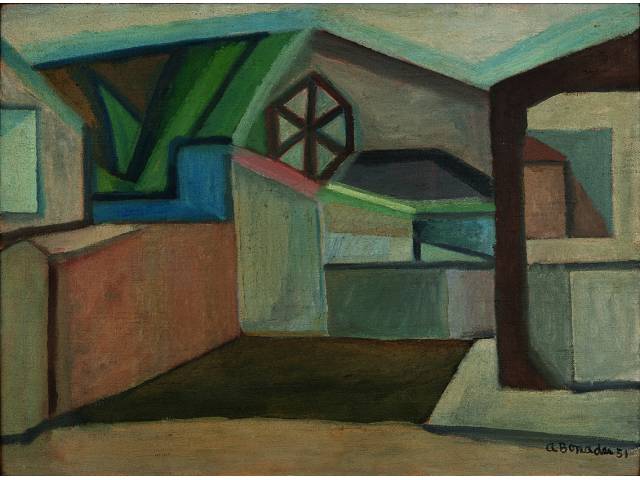Aldo Bonadei óleo sobre tela 53,5 x 72,5 cm "Paisagem urbana" 1951