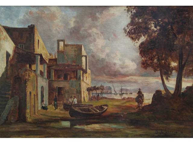 Ângelo Cannone óleo sobre tela 78 x 110 cm “Arredores de Napoles” ass. inferior direito 1985 com resquício de etiqueta do atelier do artista