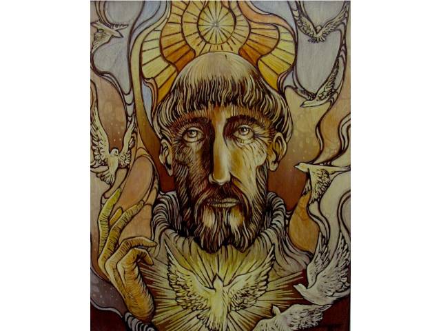 Francisco Sergio Pinheiro pirogravura  sobre madeira 50 x 40 cm "Francisco com passaros '' ass. CID e verso 1984