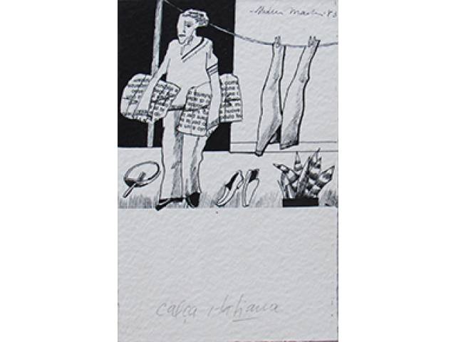 Aldemir Martins técnica mista 25 x 16 cm “Calça Italiana” ass. CSD 1983 reproduzido no Jornal “A TARDE – BA” e no Livro “AldemirMartins” por Aldemir Martins pág. 220, etiqueta “A Galeria”, ex-coleção Waldemar Szaniecki