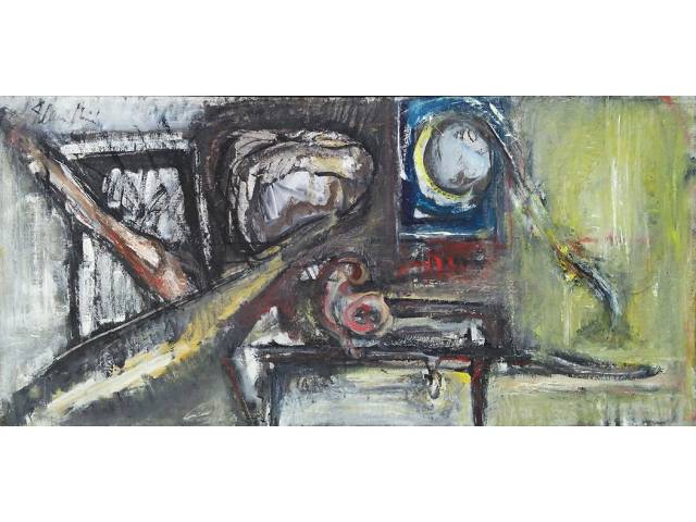 Flávio Shiró óleo sobre tela 62 x 133 cm “Crescente” ass. superior esquerdo e verso - 2001. Reproduzida no livro Brazilian Art II pag. 235