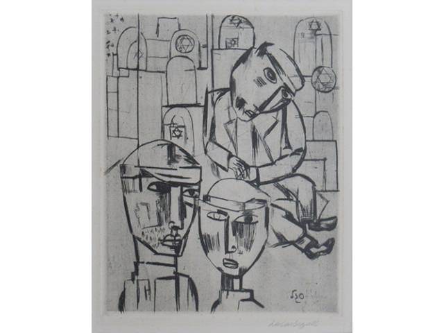 Lasar Segall ponta-seca 28 x 21,7 cm "Três Figuras" ass. CID 1921 reproduzido no livro "A Gravura de Lasar Segall" pág. 159 com obs.: do álbum "Recordações de Vilna em 1917".  Assinada na matriz: "Segall", em hebraico, no canto inferior direito, coleção Martin Wurzmann