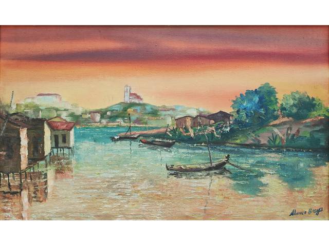 Almiro Borges óleo sobre tela 33 x 55 cm "Ilha dos Ratos ao fundo Bonfim" ass. CID e verso 1972