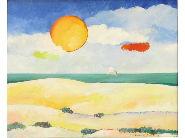 Aldemir Martins acrílica sobre tela 46 x 55 cm "Paisagem" ass. CID e verso fevereiro 1992