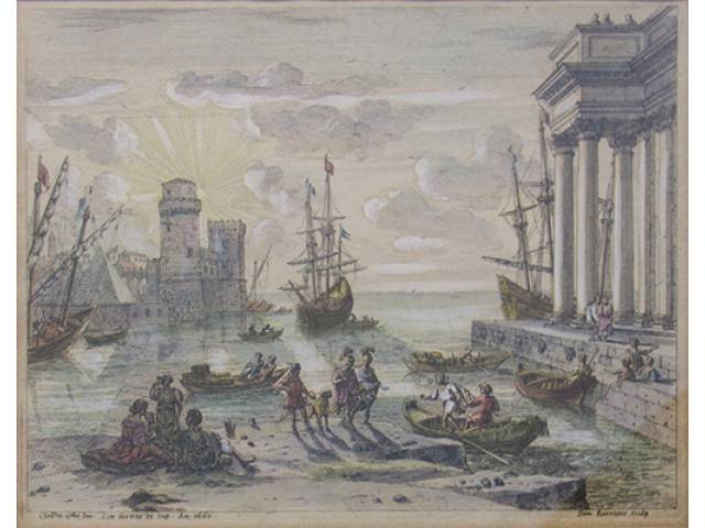 Dominique Barrière (Marselha, Bocas do Ródano, 1618 - Roma, 1678) Gravura 21 x 26 cm, “Porto Romano”, ass. CID, Roma, séc. XVII. obs.: Baseada em obra de Claude Larrain (séc. XVI)