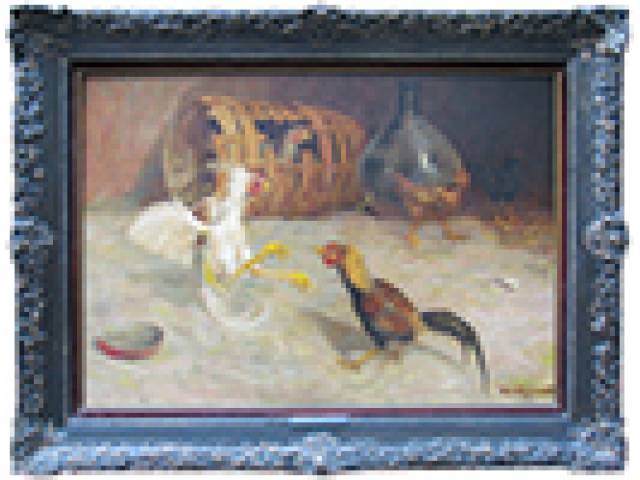 Benedito  de Andrade óleo sobre tela 67 x 96 cm "Briga de Galo" ass. CID