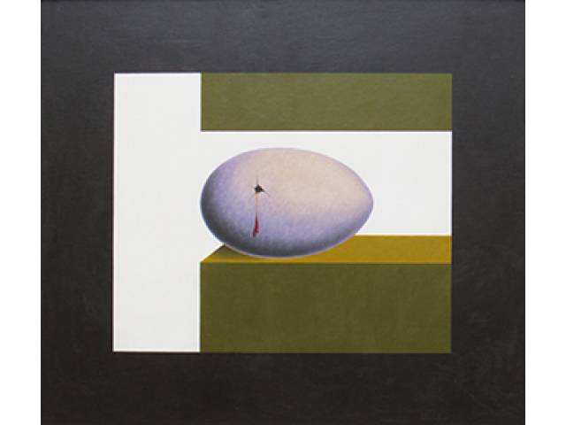 Adilson Santos óleo sobre madeira 75 x 85 cm “Espaço ocupado por um pensamento vago” ass. CID 1970 etiqueta "A Galeria", ex-coleção Waldemar Szaniecki
