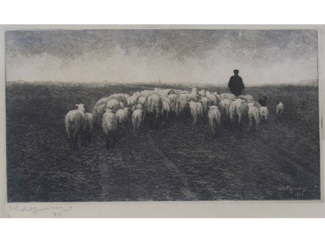Charles Bernier (1871-1950) Gravura - 18 x 30 cm “Pasto como velhas”, ass. CID e CIE, Água Forte – 1895. Europa, sec. XIX/XX