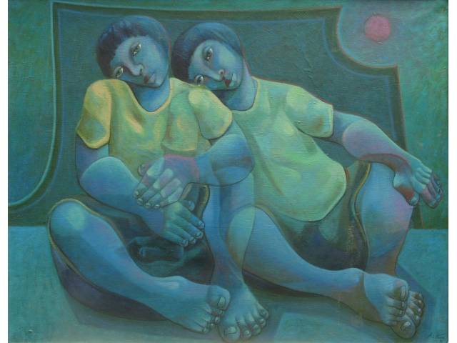 Adélio Sarro óleo sobre tela 100 x 80 cm "No Mesmo Sonho" ass. CID e verso ano 1991 acompanha certificado do artista (paspatur com avarias)