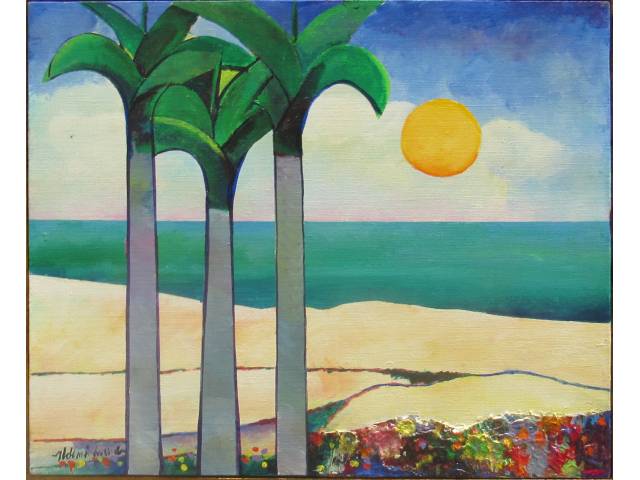 Aldemir Martins acrílica sobre tela 46 x 55 cm "Paisagem com Palmeiras" ass. CIE e verso fevereiro 1992