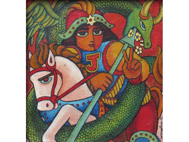 Wellington Virgolino óleo sobre tela colada sobre placa 19 x 19 cm "São Jorge" ass. CID e verso Recife - 1973 ex-coleção Waldemar Szaniecki