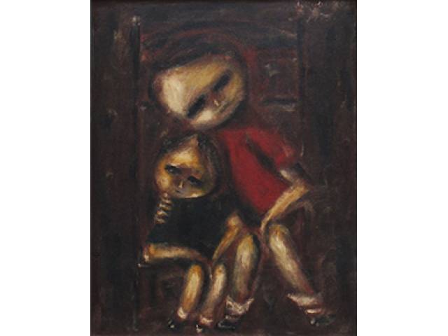 Jânio Quadros óleo sobre eucatex 50 x 40 cm "Crianças" ass. CSD 1973 etiqueta "A Galeria", ex-coleção Waldemar Szaniecki e recorte de revista com matéria do artista junto a obra.