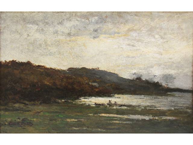 Camille Dufour (1841, Bétheny – 1933) O.S.T. 40 x 60 cm, “Paisagem lago e barco” ass. CIE, Europa, séc. XIX/XX