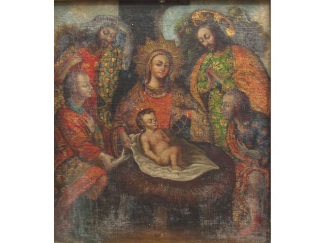 Cusquenho óleo sobre tela 100 x 80 cm "Nascimento de Cristo" sec. XVIII/ XIX (tela necessita limpeza)