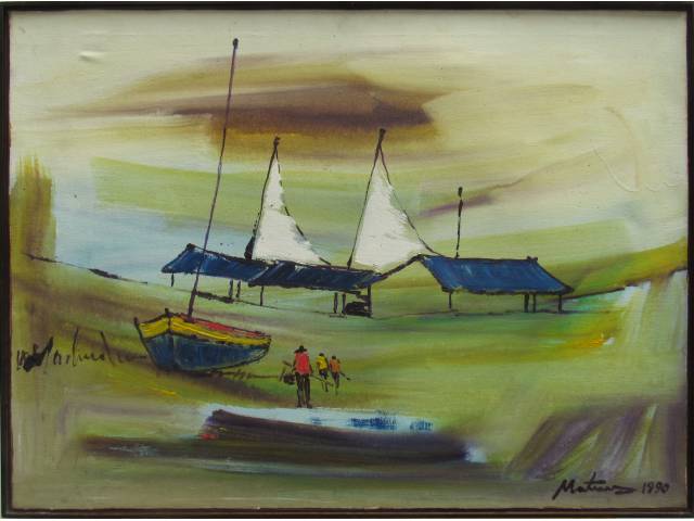 Mateus Raimundo óleo sobre tela 60 x 80 cm "Jangadas e Tendas Azuis" ass. CID ano 1990