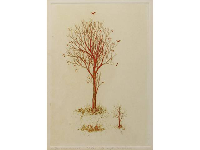 Gravura (41/125) 20 x 14 cm “Árvore vermelha" assinatura não identificada - Europa, séc. XX