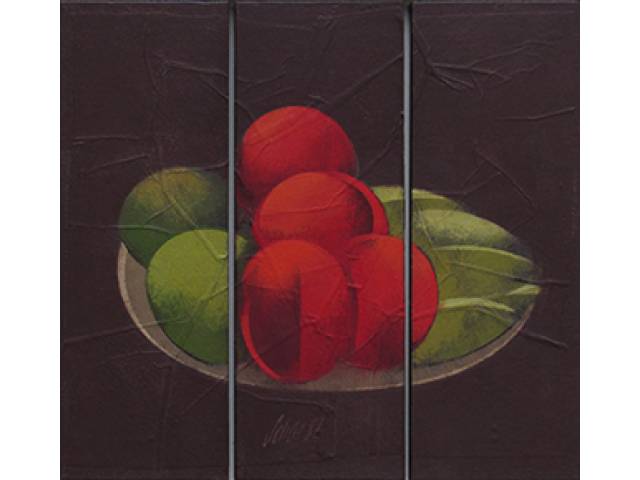 Carlos Scliar vinil e colagem encerado sobre tela fixada em chapa de madeira 37 x 40 cm “Tríptico dos caquis” ass. centro inferior e verso Ouro Preto/MG maio/1982 etiqueta “A Galeria”, ex-coleção Waldemar Szaniecki