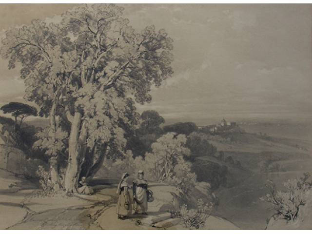 James Duffield Harding (Vicenza ,1798-1863) Gravura 28 x 38 cm, “Castel Gandolfo - Lago Albano”, ass. CIE, 1890 Europa, séc. XIX