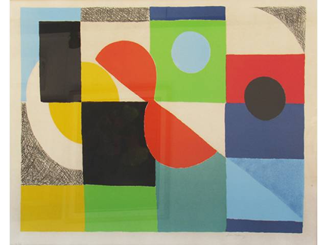 Sonia Delaunay (1855, Hradyzk – 1979, Paris) Gravura (17/75) 62 x 82 cm, “Composition Abstract”, ass. CID, Europa. séc. XIX