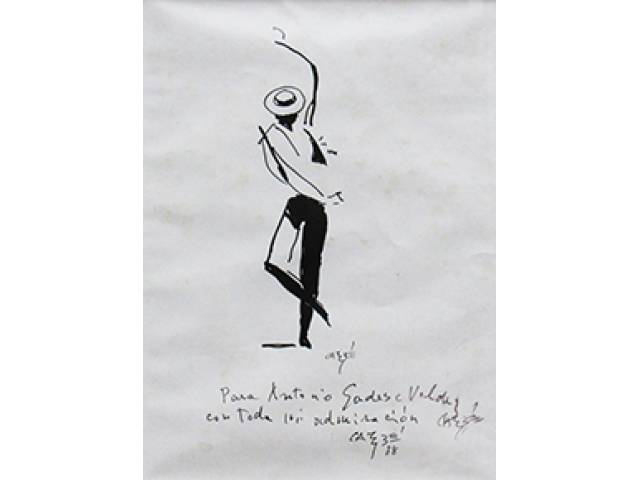 Carybé nanquim sobre papel 27 x 20 "Dançarino" ass. CID 1988 Com dedicatória, ex-coleção Waldemar Szaniecki