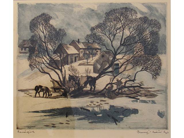 Csurgói Máté Lajos (Csurgo, 1931. 27 de janeiro - Budapest, 2001. 1 de março) Gravura - 27 x 31 cm, “Paisagem de inverno”, 1962, Hungria, séc. XX