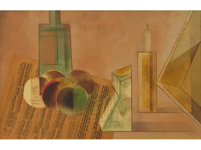Carlos Scliar vinil e colagen encerados sobre tela 37 x 56 cm intitulado “Vários objetos ” ass.  CIE e verso datado 07/09/1992 Cabo Frio - RJ~7 1992 acompanha certificado de autenticidade da Galeria André