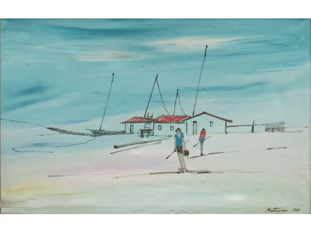 Mateus Raimundo óleo sobre tela 68 x 108 cm "Casa e Jangada" ass.CID ano 1990 (pequenos pontos de fungos)