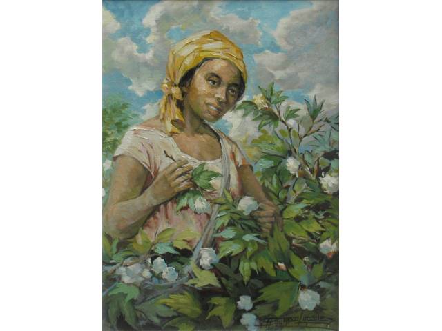 Afonso Lopes óleo sobre tela 63,5 x 44,5 cm "Colhedor de Algodão" ass. CID 1989