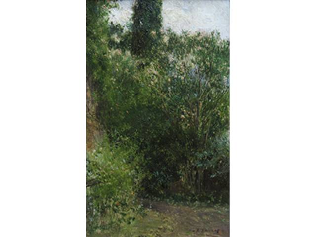 Augustin Salinas y Teruel óleo sobre madeira 13 x 8 cm "Floresta" ass. CID e verso 1906. Com etiqueta de "A Galeria", "Escritório de Arte Renato Magalhães Gouvêa", ex-coleção Waldemar Szaniecki