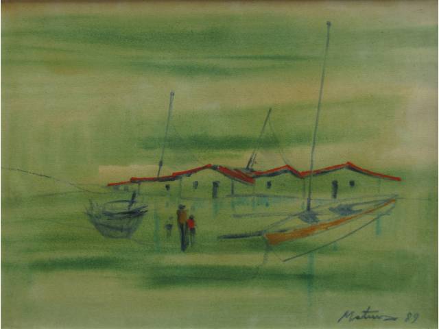 Mateus Raimundo  óleo sobre tela 56 x 76 cm "Vilarejo de Pescadores e Jangadas" ass. CID ano 1989
