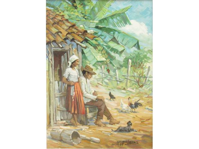 Afonso Lopes óleo sobre tela 63 x 45 cm "Casal de Roceiros" ass. CID 1989