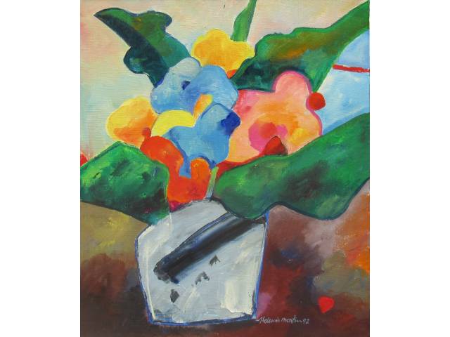 Aldemir Martins acrílica sobre tela 55 x 46 cm "Vaso de Flores" ass. CID e verso fevereiro 1992