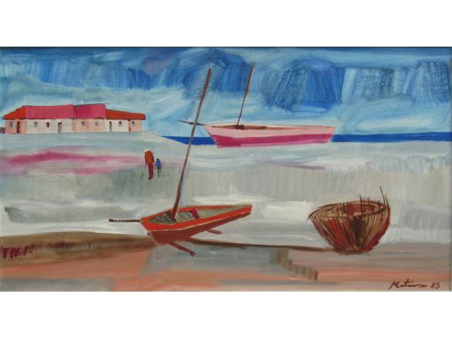 Mateus Raimundo óleo sobre tela 90 x 160 cm "Pescadores Beira Mar" ass.CID 1985