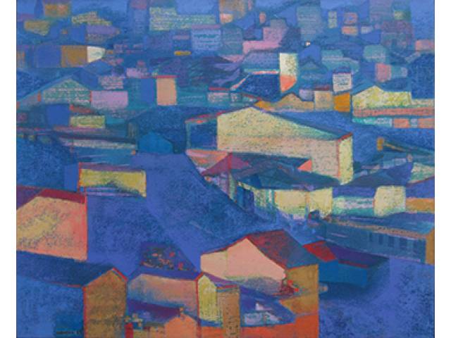 Carmélio Cruz óleo sobre tela 81 x 100 cm "Casas" ass. CIE 1985 etiqueta "Vise-Presidente" no verso