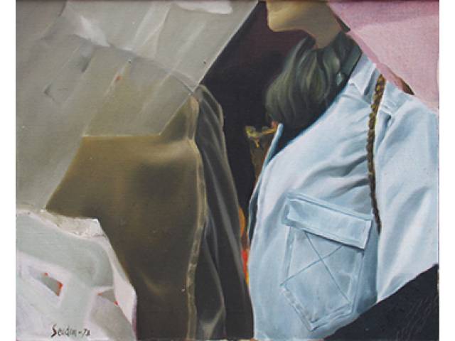 Armando Sendin óleo sobre tela 41 x 33 cm "Modelo com jeans" ass. CIE 1973 etiqueta "A Galeria", ex-coleção Waldemar Szaniecki