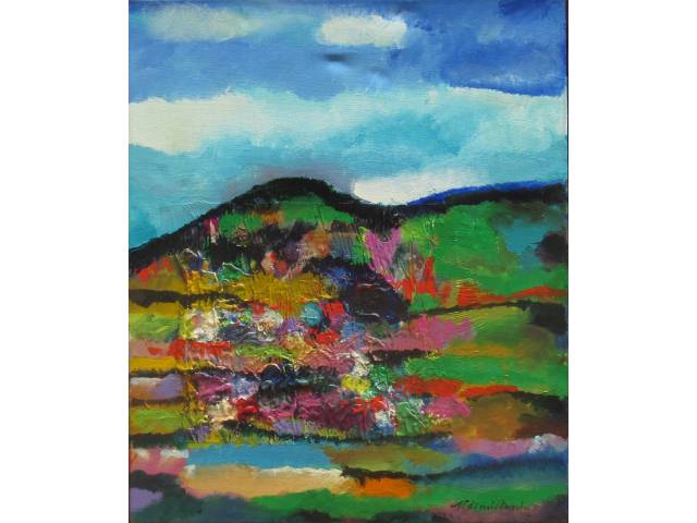 Aldemir Martins acrílica sobre tela 55 x 46 cm "Paisagem" ass. CID e verso janeiro 1992