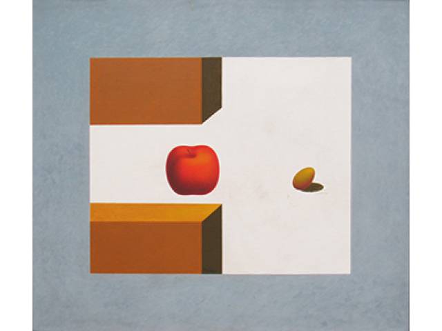 Adilson Santos óleo sobre madeira 75 x 85 cm “Espaço ocupado por um pensamento vago” ass. centro inferior e verso 1980 etiqueta "A Galeria", ex-coleção Waldemar Szaniecki