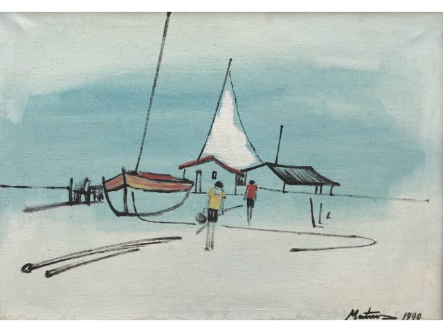 Mateus Raimundo óleo sobre tela 50 x 70 cm "Casa de Pescador e Barco" ass.CID ano 1990 (Manchas na parte inferior da Tela)