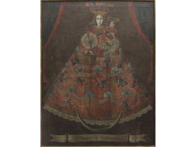 Artista Desconhecido - cusquenho óleo sobre tela 150 x 114 cm "La Virgen de Copacabana" sec.XVII! (pequeno rasgo no canto inferior esquerdo)