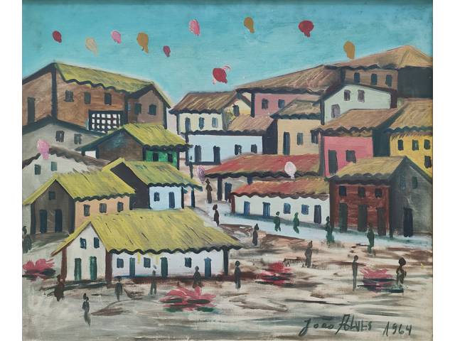 João Alves óleo sobre tela 59 x 72 cm "Casario com Balões" ass. CID e verso