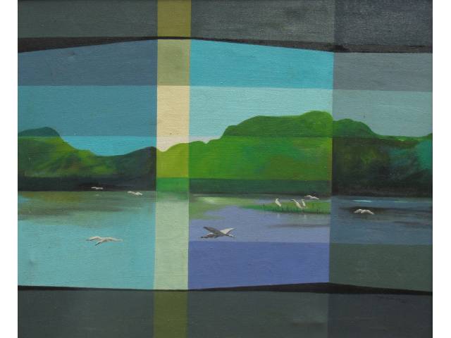 Jane Lane óleo sobre tela 100 x 120 cm "Rio e Gaivotas" assinada e datada 1985 CID