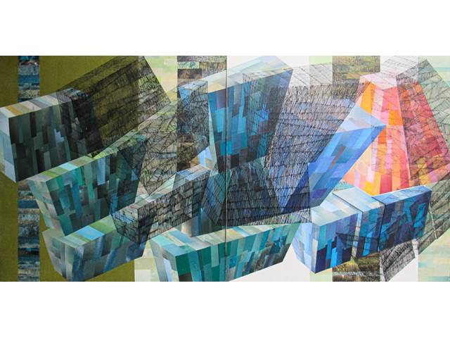 Dolly Michailovska díptico - técnica mista - acrílico, colagem e bico de pena sobre MDF 70 x 140 cm "Empilhando" ass. verso 2014 com catalogação do artista no verso HOL12, participaram da Exposição Individual no Instituto Cândido Mendes - RJ 2014