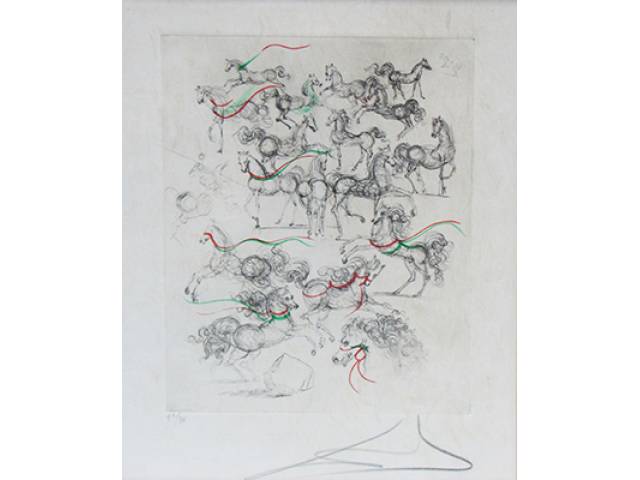 Salvador Dalí (1904 / 1989 – Figueres, Espanha) Gravura sobre metal, aquarelada a mão sobre papel timbrado (72/95) 24 x 19 cm, “Cavalos”, ass. CID