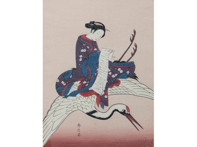 Suzuki Harunobu (Japão, 1725 – 1770) Xilogravura 18 x 13,5 cm “Fig. fem. e Crane” ass. CIE