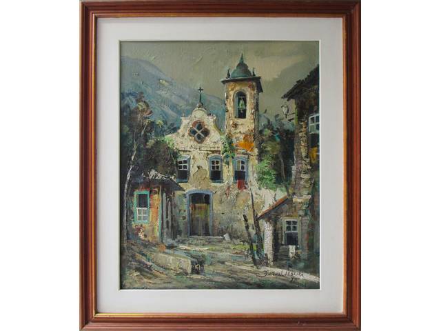 Durval Pereira óleo sobre juta 75 x 60 cm "A Igreja" ass. CID 1977