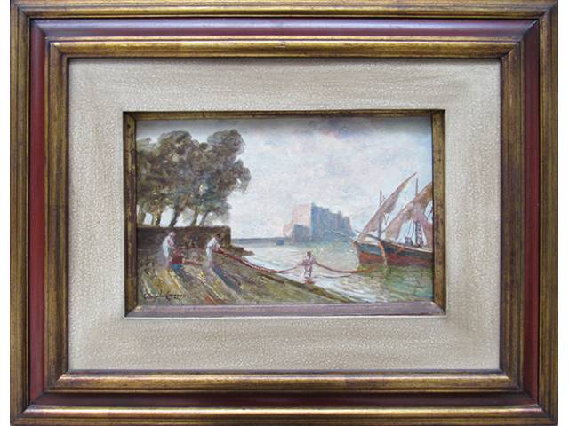 Ângelo Cannone óleo sobre madeira 20 x 30 cm "Marinha a Santa Lucia Napoles - Castel del Ouo" ass. CIE