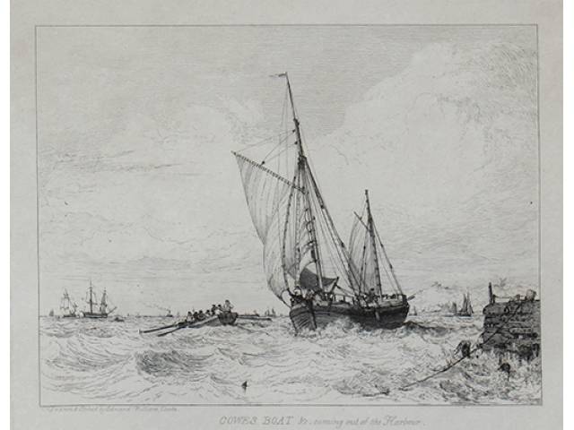 Edward William Cooke (Londres, Reino Unido, 1811 - Groombridge, Reino Unido, 1880) Impresso - 12 x 16 cm, “Cowes Boat &c. comming out of the Harbour”, ass. CIE