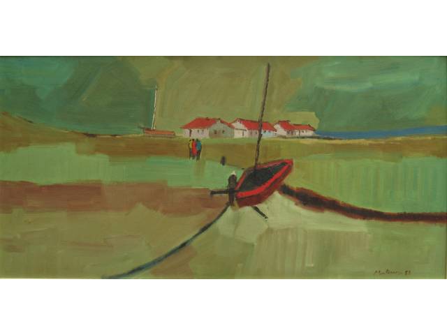 Mateus Raimundo  óleo sobre tela 50 x 100 cm "Barcos e casa de Pescadores" ass. CID ano 1983 (cachê do próprio artista afixado CSD no verso)